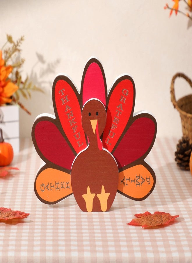 NEWLIGHTURE Thanksgiving Turkey Decoration Wooden Turkey Tabletop Decor Thanksgiving Standing Turkey with 'Thankful' Sign for Home Kitchen Office Fall Harvest Festival Decoration - Image 1